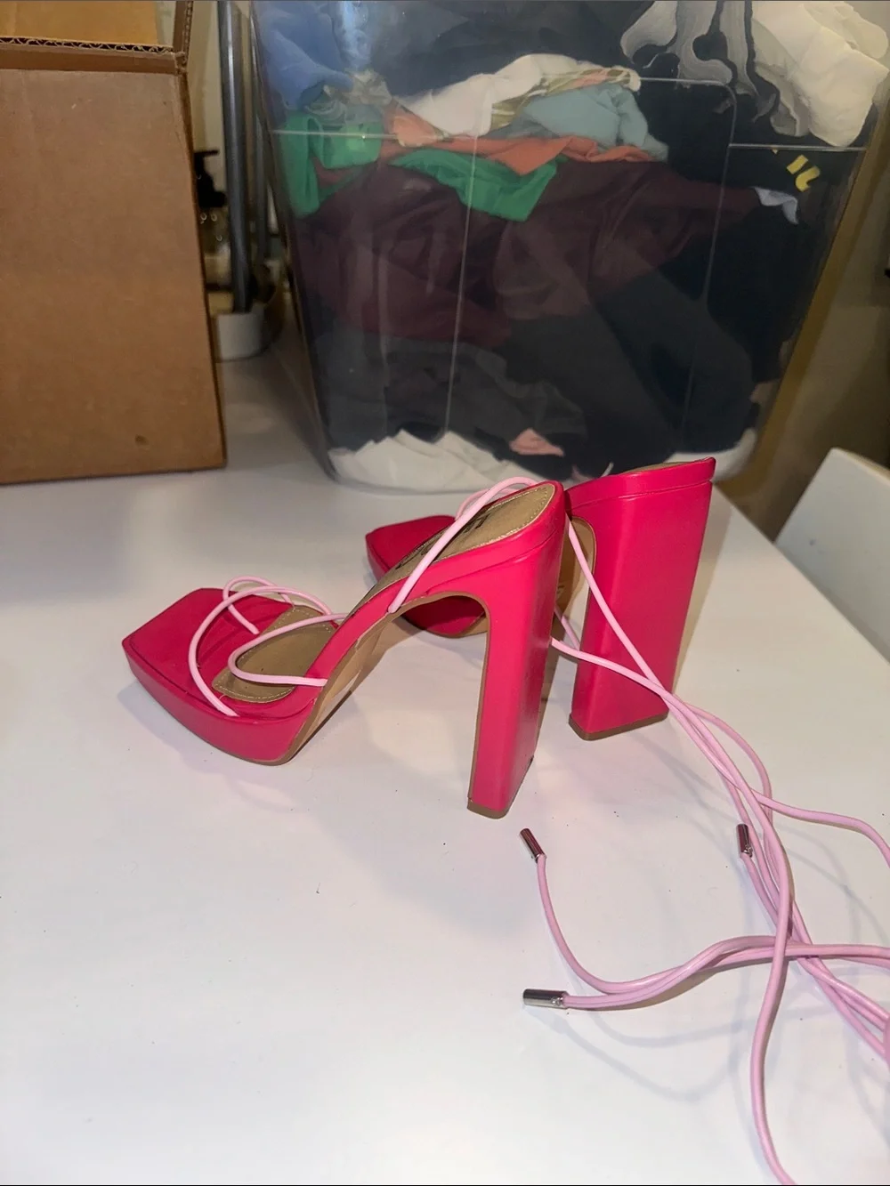 EGO Hot Pink Square-Toe Lace-Up Block Heels with Pale Pink Straps